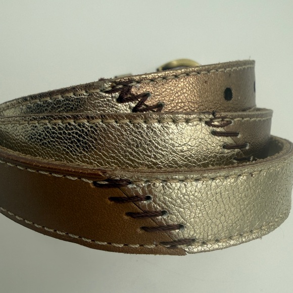 Chicos Leather Belt Med. Patchwork Skinny Metallic Gold Bronze Brown Stitched - Picture 3 of 7